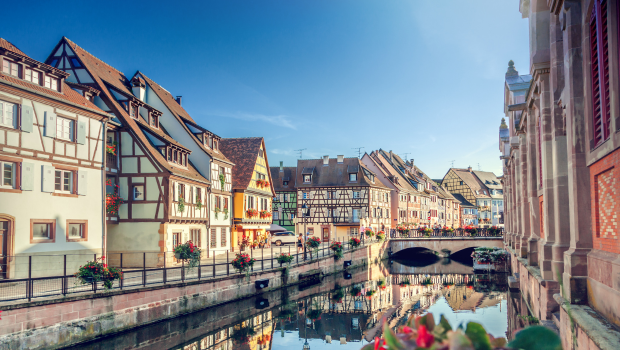 Colmar, the colorful candy-like village in Alsace, France with canal view