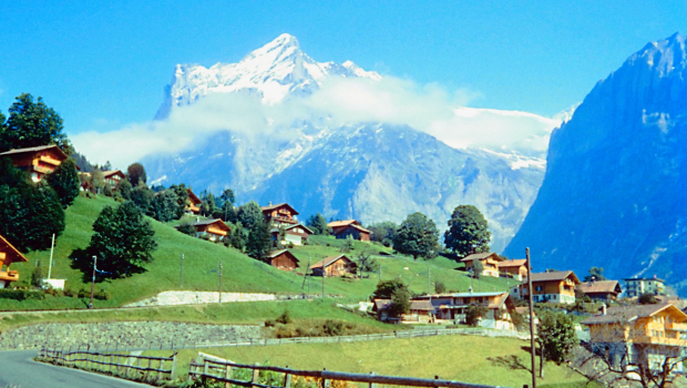 Gimmelwald village in Lauterbrunnen Valley, Switzerland surrounded by snowy mountains