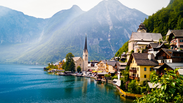 Hallstatt village in Austria beside the lake and surrounded by the stunning Alps