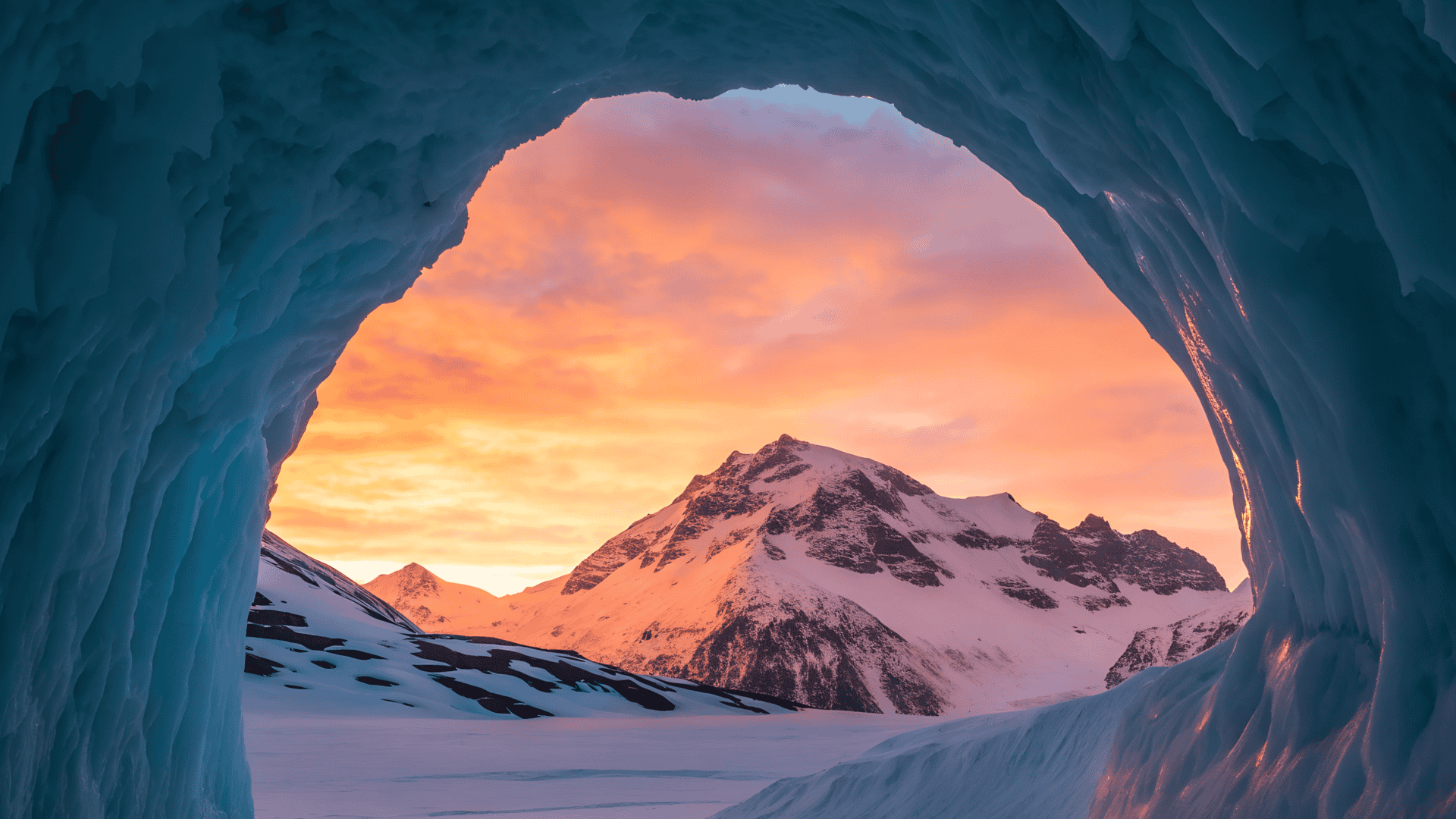 ภายในอุโมงค์น้ำแข็งสีฟ้าเปิดออกเห็นภูเขาหิมะกับท้องฟ้ายามพระอาทิตย์ตกสีส้มสด