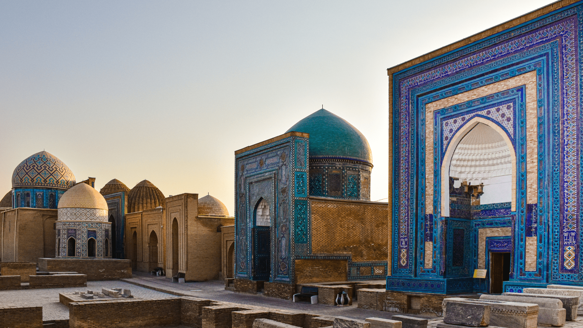Blue-tiled historic buildings in Samarkand, Uzbekistan.