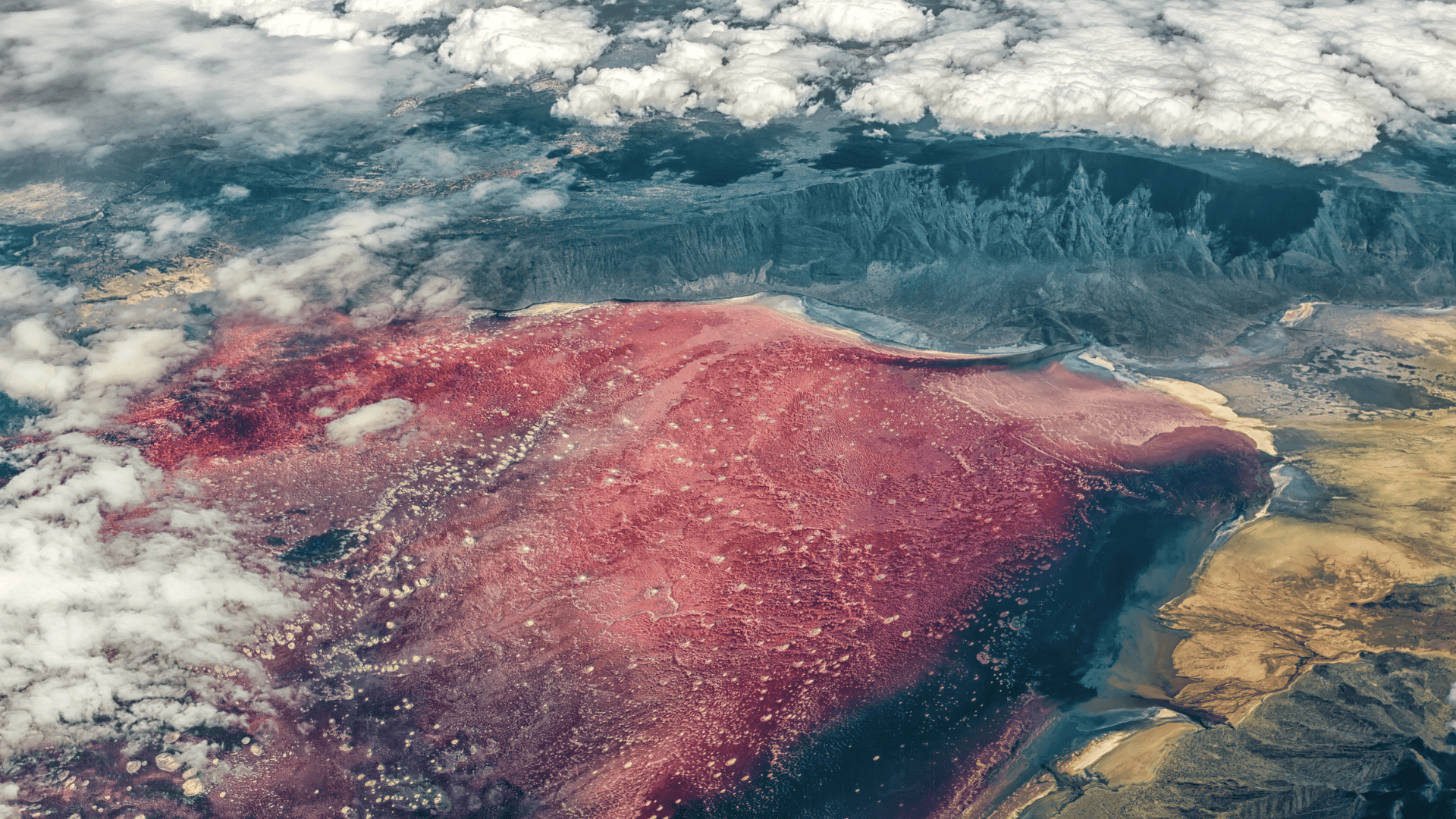 ภาพมุมสูงของทะเลสาบเนตรอนสีแดงสดในแทนซาเนีย ตัดกับภูมิประเทศสีเข้มและก้อนเมฆเหนือพื้นที่