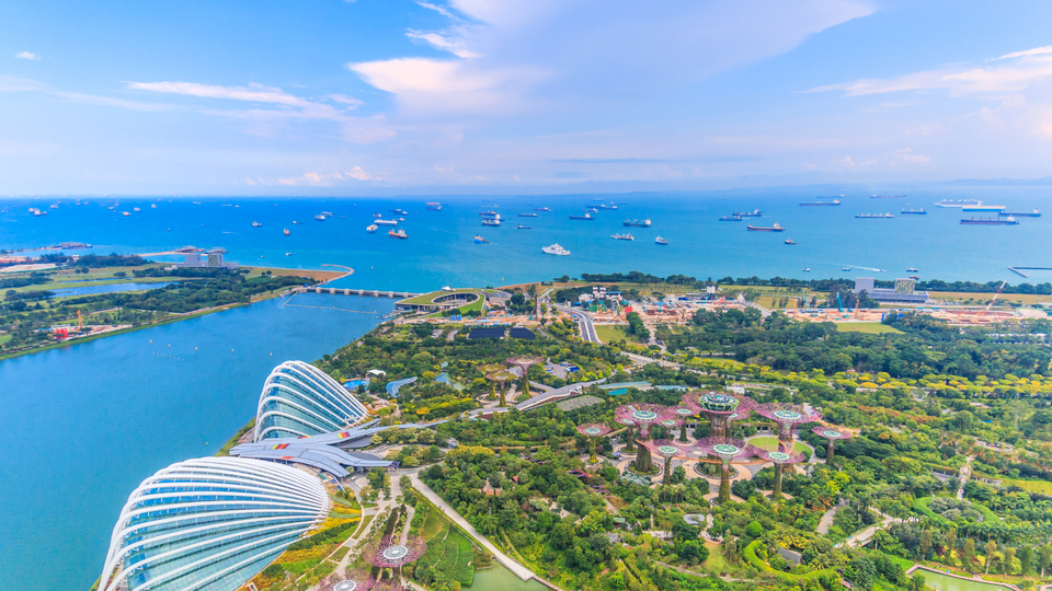Aerial view of Gardens by the Bay and Marina Bay in Singapore, with futuristic architecture, lush greenery, and ships in the distance.