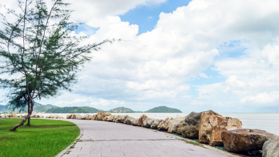 A quiet seaside walking path lined with grass, trees, and large rocks, curving along the coastline under a bright sky with distant hills across the water.